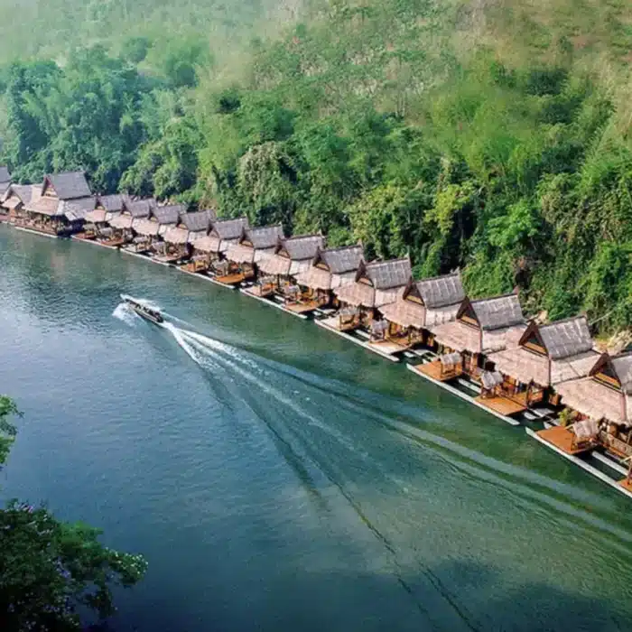 Floating Bungalows on the River Kwai in Thailand.